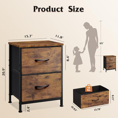 WLIVE Night Stand, Small Dresser with 2 Drawers & Wooden Top, Nightstand with Fabric Bins, Bedside Table End Table for Bedroom, Closet, Entryway, College Dorm, Rustic Brown | Nightstand with Fabric Bins, Bedside Table End Table for Bedroom, Kids Room - co