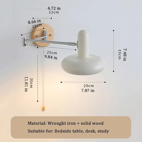 Modern Industrial Adjustable Swing Arm Wall Lamp Pull Chain Switch Wall Sconce Iron Wood Wall Light Fixture for Bedroom Bedside Study Reading Living Room Decorative Lighting