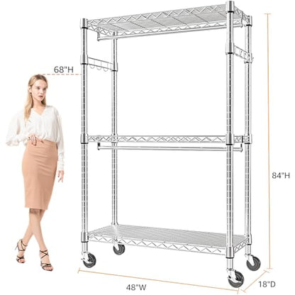 M MZG Heavy Duty Rolling Garment Rack 3 Tiers Adjustable Wire Shelving Clothes Rack with 2 Rods and Side Hooks, Storage Closet Clothing Rack with Wheels Chrome 17.7" D x 47.2" W x 83.6" H - color: Chrome, size: 3 Tiers with 2 rods, 17.7"D x 47.2"W x 83.6"