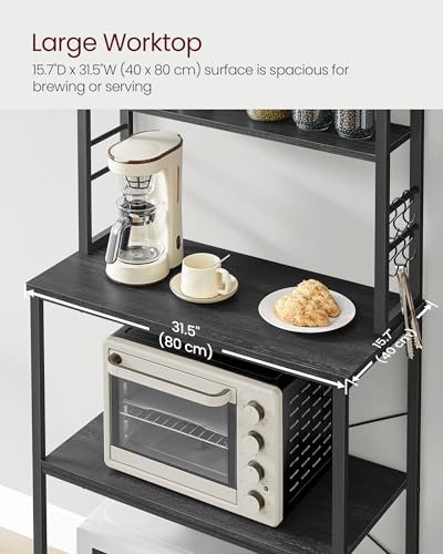 VASAGLE Coffee Bar, 31.5 Inches 6-Tier Baker's Rack with 6 Hooks | Modern Basic Microwave Stand, 31.5 x 15.8 x 65.8 Inches, Charcoal Gray and Ink Black, BARNET Collection UKKS019B22 - color: Charcoal Gray + Ink Black, size: 31.5"W, style: No Power Outlet