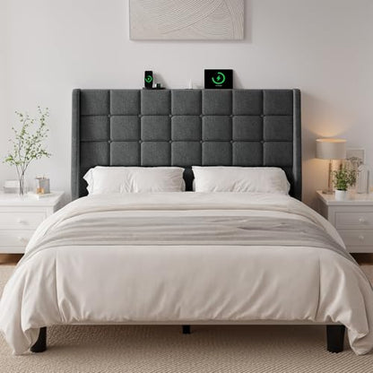 Ergonomic Upholstered Headboard Queen Size w/Charging Station, Linen Wingback Headboards w/Storage Pocket, Queen Headboard Only, Bed Frame Adapters, Sturdy Stable Solid Wood Bed Head Board, Dark Grey - color: Dark Grey, size: Queen
