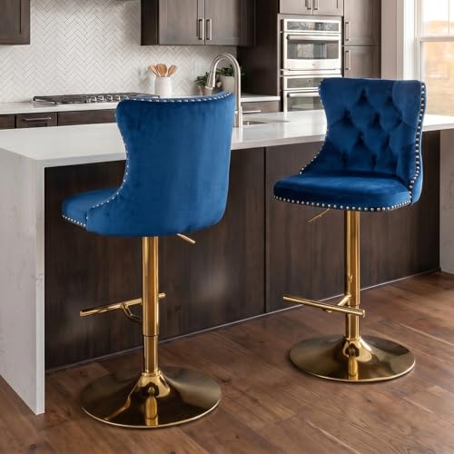 Velvet Bar Stool Set of 2, Adjustable Swivel Bar Stools with Gold Plated Metal Leg, Button Tufted, Footrest, Chrome Nailhead, Counter Height Chair for Kitchen, Bar, Dining Room (Blue) - color: Blue-gold Leg, size: Set of 2