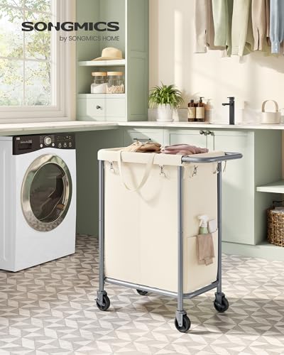 SONGMICS Laundry Basket with Wheels, 2-Section Rolling Laundry Hamper, 37 Gallons (140 L), Removable Liner, Steel Frame with Handle, 27.2 x 15.4 x 31.9 Inches, Cream White URLS004W01 - color: Cream White, size: 140 L (2-Section)
