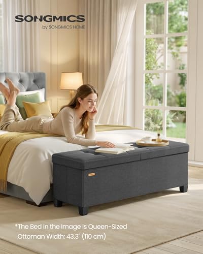 SONGMICS Storage Ottoman Bench with Legs, Folding Ottoman Foot Rest with Flipping Lid, Bench with Storage, for Living Room, Bedroom, Entryway, Linen-Look Fabric, 43.3 Inches, Slate Gray ULSF079GN01 - color: Slate Gray, style: with Flipping Lid