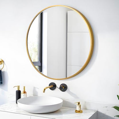 SCWF-GZ 24" Round Mirror Circle Wall Mounted Hanging or Against Wall Metal Frame Dressing Make-up Mirrors for Entryway Bedroom Bathroom Living Room 24 inch Gold | HD Crystal Clear No distortion Tempered Glass,Aluminum Frame,Make-Up Mirrors for Bedroom,Ent