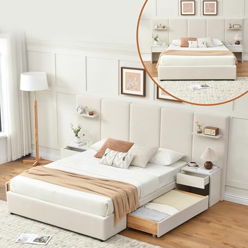 Queen Size Bed Frame with Storage & Built-in Nightstands & Drawers, Beige | Velvet Upholstered Platform Bed Frame & 3 Floating Storage Shelves, Noise-Free, No Box Spring Needed, Easy Assembly - color: Beige, size: Queen
