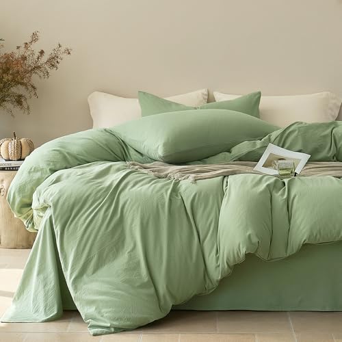 JELLYMONI 100% Cotton Twin Duvet Cover Set, Washed Linen-Like Texture | Pre-Shrunk, with Natural Wrinkles, Wide Zipper Opening, Colorfast, 8 Reinforced Ties,1 Duvet Cover&1 Pillowcase - color: 01- Mint Green, size: Twin(68"×90")