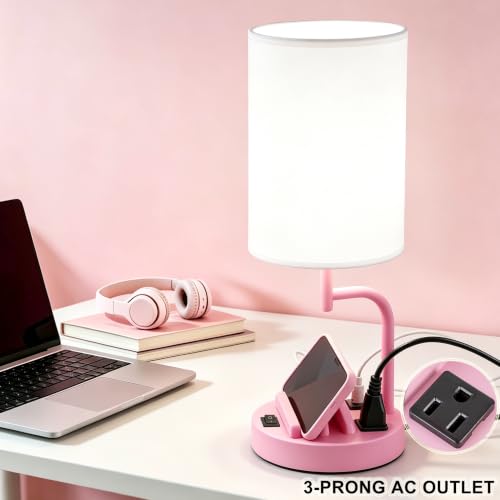 Dreamholder 2 Pack Table Lamp, Bedside Lamp with 3 USB Charging Ports & AC Outlet, USB Desk Lamp with 2 Phone Holders, Linen Fabric Shade Nightstand Lamps for Bedroom Living Room Office, Baby Pink - color: Baby Pink