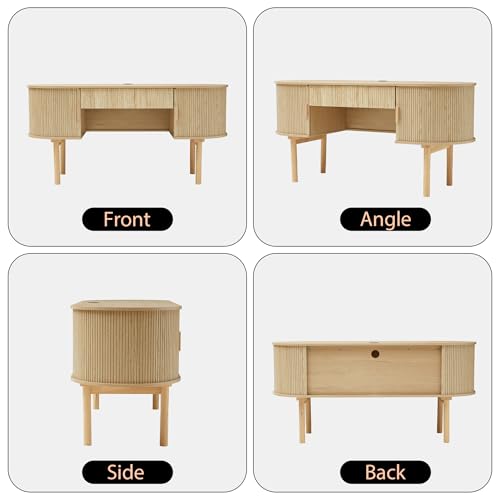 Executive Office Desk with Storage, 63 Inch Large Computer Workstation Desk with Drawer and File Cabinets, Mid Century Modern Fluted Wood Writing Desk for Home Office, Study Room, Living Room, Natural - color: Natural