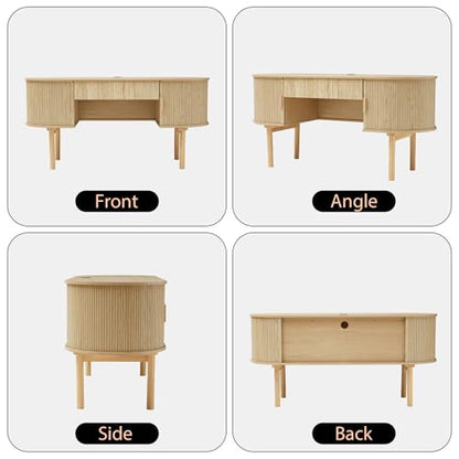 Executive Office Desk with Storage, 63 Inch Large Computer Workstation Desk with Drawer and File Cabinets, Mid Century Modern Fluted Wood Writing Desk for Home Office, Study Room, Living Room, Natural - color: Natural