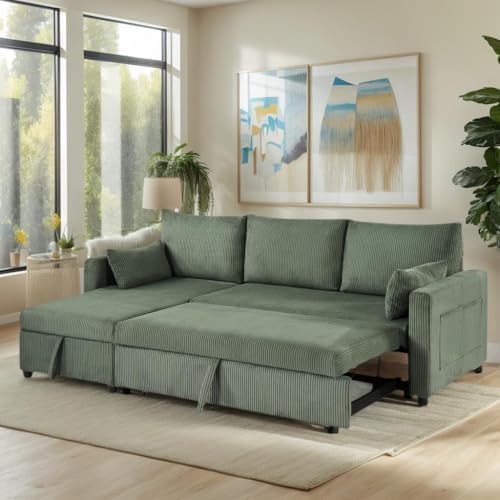 85'' Queen 3-Seat Pull Out Sleeper Sofa Bed with Storage, Green | Convertible Sofa Bed with Storage, 85 Inch,L Shaped 3 Seat Sectional Sleeper Sofa - color: C-green-3r