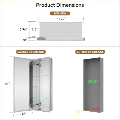 12" x 30" Bathroom Medicine Cabinet with Mirror, Recessed or Wall Mount | Medicine Cabinets with Adjustable Glass Shelves, Soft-Closed Hinge, Chrome Aluminum Frame, Reverse Installation - size: 12" x 30"
