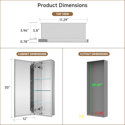 12" x 30" Bathroom Medicine Cabinet with Mirror, Recessed or Wall Mount | Medicine Cabinets with Adjustable Glass Shelves, Soft-Closed Hinge, Chrome Aluminum Frame, Reverse Installation - size: 12" x 30"