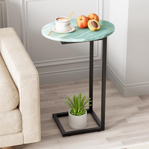C Shaped End Side Table, Small Oval Couch Sofa Table for Bed, Snack Side Table with Metal Frame, TV Tray Table with White Marble for Small Space, Living Room, Bedroom, Bedside(Sea Blue) - color: Sea Blue+black
