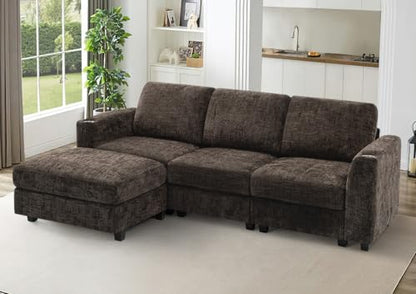 87" Chenille 3 Seater Couch with Soft Ottoman, Brown | L-Shape Sectional Sofa with Durable Cup Holders, Upholstered Sofa with Comfy Backrests for Living Room, House - color: Brown, size: 87" L-Shape