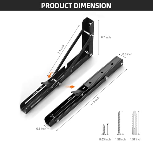 Folding Shelf Brackets 12 inch Foldable Shelf Bracket Heavy Duty Collapsible Shelf Brackets DIY Wall Mounted Fold Down Table Bracket Space-Saving for Benches Workstation (2PC, Max.Load 133 lbs) - size: 12 Inch