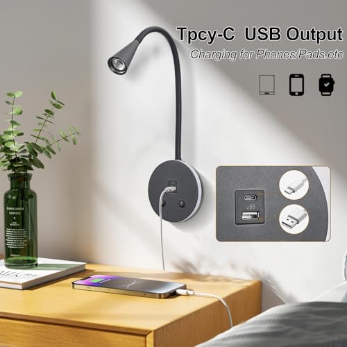 Book Lights for Reading at Night, LED Wall Mounted Reading Light, Flexible Gooseneck Wall Lamps for Bedroom, Plug in Wall Lights with USB Charging, Bedside Wall Sconces Focused Bed Lamp (Black) - color: Black
