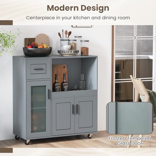 Giantex Kitchen Island Cart with Storage, Rolling Island Table with Drawer, Glass Door, Adjustable Shelf, Bar Coffee Microwave Cart On Wheels for Dining Room, Grey