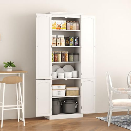 Function Home 182.9cm(72인치) 주방 식료품 저장실 캐비닛, 문과 조절 가능한 선반이 있는 높은 목재 보관 캐비닛, 주방 다이닝 룸 거실 욕실용 6단 독립형 찬장, 화이트 - color: 화이트., size: 24"Wx11.81"Dx72"H