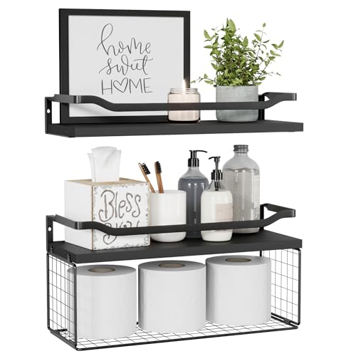 Bathroom Shelves Over Toilet with Protective Metal Guardrail | Floating Shelves with Wire Storage Basket, Wood Wall Shelves for Bathroom Organizers and Storage, Toilet Paper, Black - color: Black