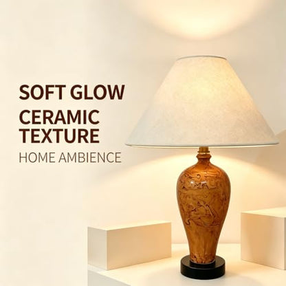 Ceramic Table Lamp, Rustic Orange Glaze Bedside Lamp with Linen Shade, Minimalist Accent Lamp for Bedroom Living Room