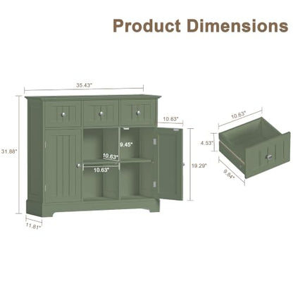 ChooChoo 35.4" Coffee Bar Cabinet with 3 Drawers and 2 Doors, Green | Buffet Cabinet with Adjustable Shelves, Storage Cabinet for Compact Kitchens, Dining rooms and Living rooms - color: Green