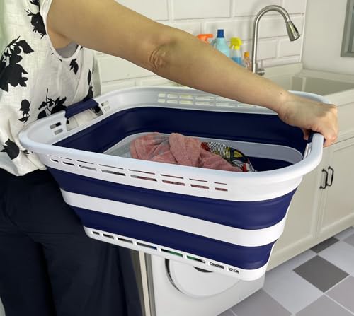 SAMMART 42L (11 Gallons) Collapsible Plastic Laundry Basket - Foldable Pop Up Storage Container/Organizer - Portable Washing Tub - Space Saving Hamper/Basket [BPA Free] (White/Starry Blue (Set of 2)) - color: White/Starry Blue (Set of 2)