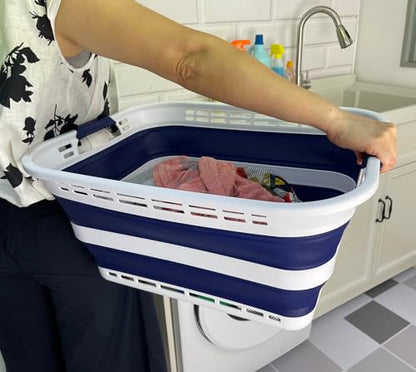 SAMMART 42L (11 Gallons) Collapsible Plastic Laundry Basket - Foldable Pop Up Storage Container/Organizer - Portable Washing Tub - Space Saving Hamper/Basket [BPA Free] (White/Starry Blue (Set of 2)) - color: White/Starry Blue (Set of 2)