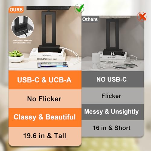 Seealle Nightstand Table Lamps for Bedrooms Set of 2 - Touch Bedside Lamp with USB C+A, 3 Way Dimmable Living Room End Tables 2, Modern Night Stand Bed Side Guest Room(Black) E. Black - color: E. Black&Black, size: Medium(19.6in)