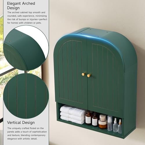 Arched Wall Mounted Medicine Cabinet, 23.5" Bathroom Cabinet with Double Doors, Fluted Grooved Design & Soft-Close Hinges, Over the Toilet Storage with Adjustable Shelf for Small Spaces (Green)