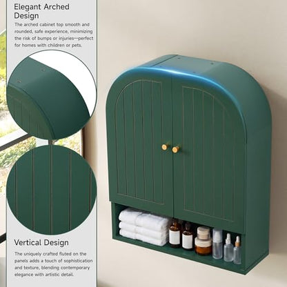 Arched Wall Mounted Medicine Cabinet, 23.5" Bathroom Cabinet with Double Doors, Fluted Grooved Design & Soft-Close Hinges, Over the Toilet Storage with Adjustable Shelf for Small Spaces (Green)