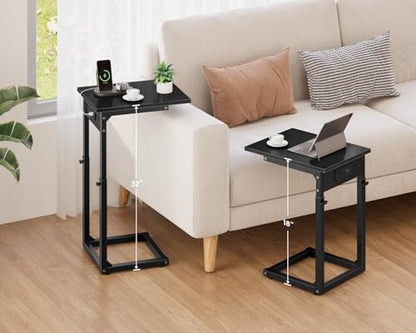 C Shaped End Table with Charging Station, 33"Tall C-Table End Table Adjustable Height Side Table for Couch, Couch Table That Slide Under Sofa Table TV Tray Table for Living Room,Bedroom,Black - color: Black, style: Charging Station