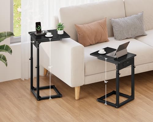 C Shaped End Table with Charging Station, 33"Tall C-Table End Table Adjustable Height Side Table for Couch, Couch Table That Slide Under Sofa Table TV Tray Table for Living Room,Bedroom,Black - color: Black, style: Charging Station