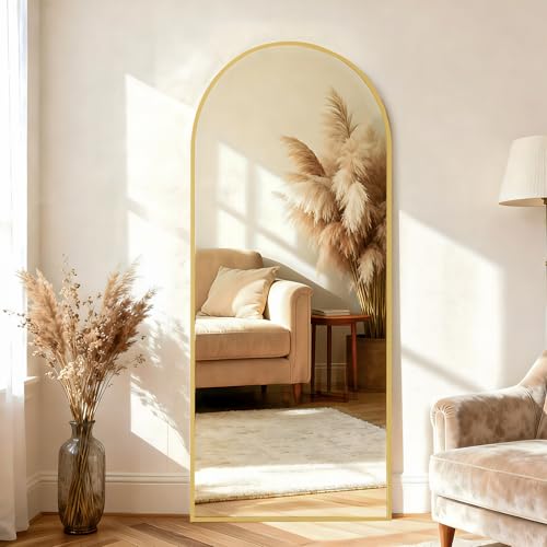 BEAUTYPEAK 65" x 24" Arch Full-Length Mirror with Stand, Gold | Full Body Arched Mirror with Standing, Leaning or Wall-Mounted for Wall, Ideal for Bedroom, Dressing Room, Entryway - color: Gold, size: 65"L x 24"W