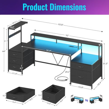 63" Gaming Desk with Drawers, Storage Shelves and Printer Stand | Balck Computer Desk with Monitor Stand and LED Lights, Reversible Home Office Desk with Printer Shelf - color: Black