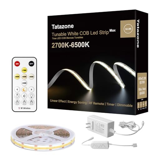 Tatazone 32.8ft Tunable White COB Led Strip Light with RF Remote, CRI93+ Dimmable CCT 2700K-6500K COB Led Tape Lights, Adhesive High 3PIN Dual Color Led Light Strip for Bedroom, Kitchen, Cabinet - size: 32.8ft