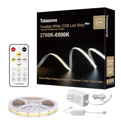 Tatazone 32.8ft Tunable White COB Led Strip Light with RF Remote, CRI93+ Dimmable CCT 2700K-6500K COB Led Tape Lights, Adhesive High 3PIN Dual Color Led Light Strip for Bedroom, Kitchen, Cabinet - size: 32.8ft