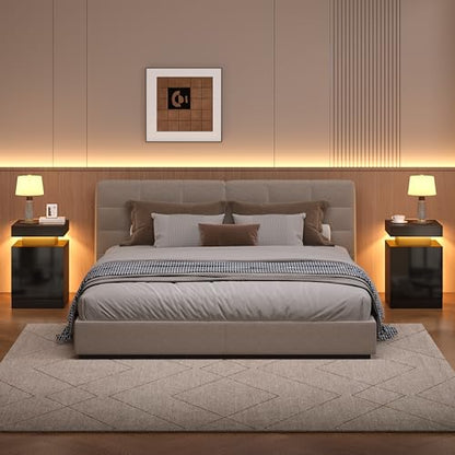Nightstands Set 2, 15 Inches LED Night Stand Set of 2, Modern Bedside Table with LED Lights, High Gloss Surface, End Table with Storage for Bedroom, Black - color: Black-15"