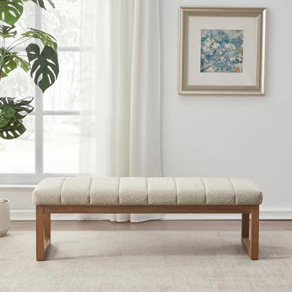 Zihanhome 52.7" Bedroom Bench for End of Bed, Modern Upholstered Teddy Fabric Entryway Bench & Dining Bench, Footrest Stool Bench with Solid Wood Frame for Bedroom, Living Room (Camel) - color: Camel