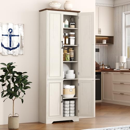 Function Home 182.9cm(72인치) 주방 식료품 저장실 캐비닛, 문과 조절 가능한 선반이 있는 톨 우드 팜하우스 보관 캐비닛, 주방 다이닝 거실 욕실용 6단 독립형 찬장, 앤티크 화이트 - color: 앤티크 화이트, size: 24"Wx11.81"Dx72"H