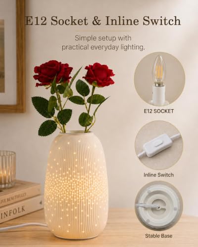 Ceramic Vase Table Lamp, 2700K Bulb & 3 Artificial Flowers Included | Handmade Openwork Craft - Inline Switch - E12 Socket - Starry 9.3" - style: Starry