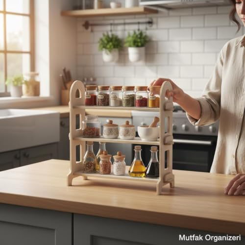 3 Tier Wooden Spice Rack | Solid Wood Kitchen Organizer | Countertop or Pantry | See Every Jar | No Assembly Required