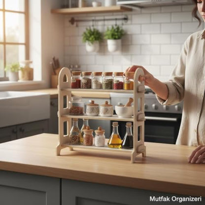 3 Tier Wooden Spice Rack | Solid Wood Kitchen Organizer | Countertop or Pantry | See Every Jar | No Assembly Required