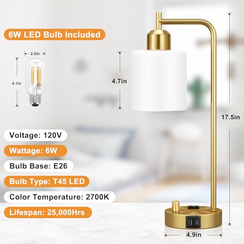 Innqoo Gold Lamp for Bedroom - Industrial Bedside Table Lamp with USB Port and Outlet, Fully Dimmable Nightstand Lamp with Opal Glass Shade, Small Desk Lamps for Home Office - color: Gold Base&Opal Shade