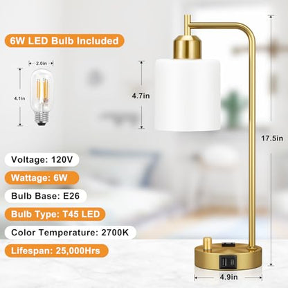 Innqoo Gold Lamp for Bedroom - Industrial Bedside Table Lamp with USB Port and Outlet, Fully Dimmable Nightstand Lamp with Opal Glass Shade, Small Desk Lamps for Home Office - color: Gold Base&Opal Shade