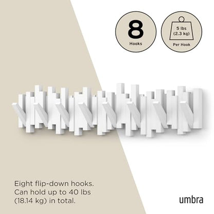 Umbra Sticks Wall Coat Rack, Wall Mount 8 Retractable Hooks, White | Modern sculptural look, holds five pounds each, fits entryways and bedrooms, easy to install, recycled plastic - color: White, size: 8-Hook