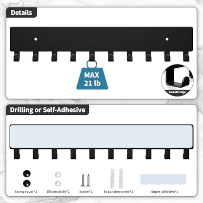 GTK Key Holder for Wall, Key Hooks with 10 Hooks, Wall Mounted Key Holder for Hallway, Self Adhesive Key Rack(Black) - color: Black