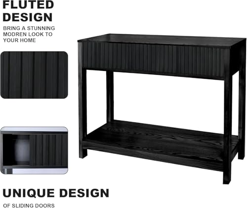 Fluted Console Table, Long Console Tables for Entryway 48" Vanity Desk, Black Boho Entry Table Narrow Modern Hallway Table Modern Sofa Table for Living Room - color: Black-4 Legs