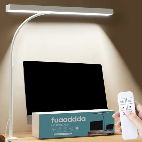 LED Desk Lamp with clamp, Remote Control Desk Lamp, 5 Color Modes & 10 Brightness Levels, 17'' Wide Light Bar, Eye Caring Gooseneck Desk Light, Adapter Included - color: White