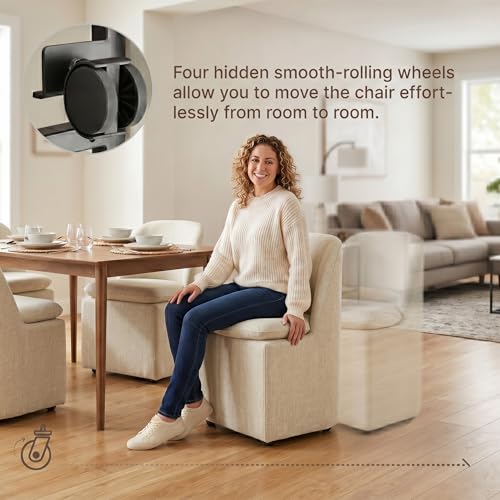 KISLOT Upholstered Dining Chairs Set of 1 with Casters, Modern Side Armless Deskchair with Washable Slipcover & Sturdy Metal Frame for Diningroom Bedroom Livingroom Reading Room, Sand Fabric